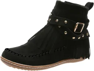 Cathalem Women's Western Cowboy Boots, Fringe Faux Suede Boots Retro Round Toe Fringe Buckle Strap Ankle Boot Rome Flat Shoes