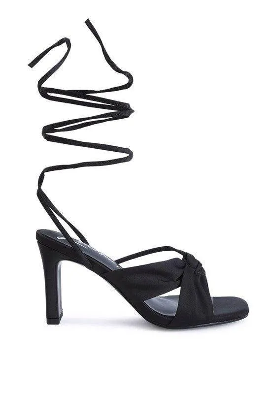 Chasm Ruched Satin Tie Up Block Heeled Sandals