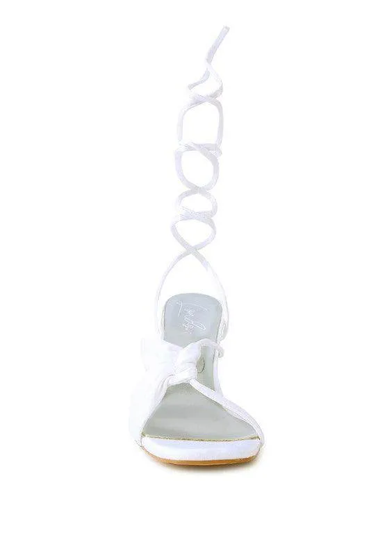 Chasm Ruched Satin Tie Up Block Heeled Sandals