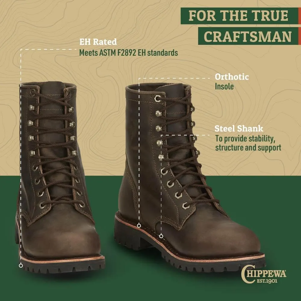 Chippewa Men's Classic 2.0 8" Leather Lace Up Work Boot - Soft Toe Lace Up Boot - Durable Vibram Sole