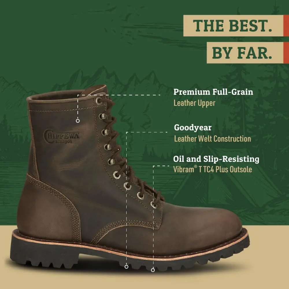 Chippewa Men's Classic 2.0 8" Leather Lace Up Work Boot - Soft Toe Lace Up Boot - Durable Vibram Sole