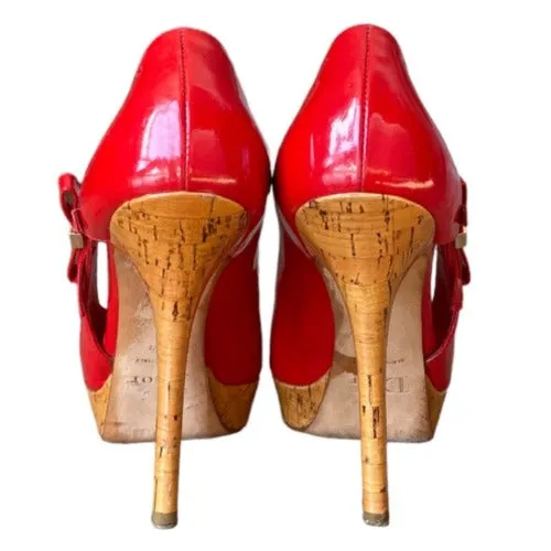 CHRISTIAN DIOR Red Patent Leather Bow Starlet Peep Toe Cork Heel Pumps Size 36.5