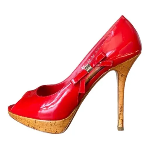 CHRISTIAN DIOR Red Patent Leather Bow Starlet Peep Toe Cork Heel Pumps Size 36.5