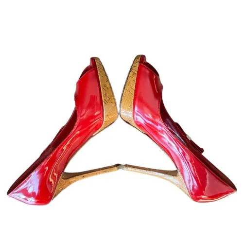 CHRISTIAN DIOR Red Patent Leather Bow Starlet Peep Toe Cork Heel Pumps Size 36.5