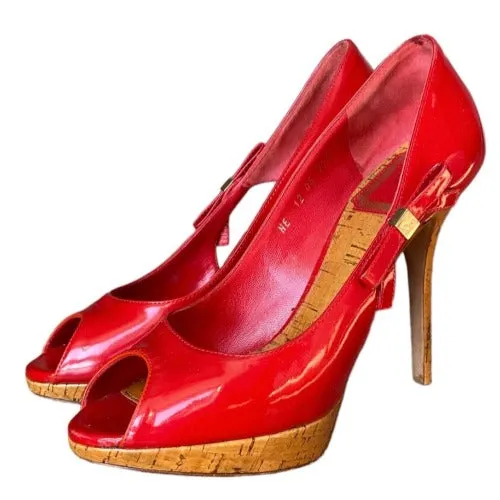 CHRISTIAN DIOR Red Patent Leather Bow Starlet Peep Toe Cork Heel Pumps Size 36.5