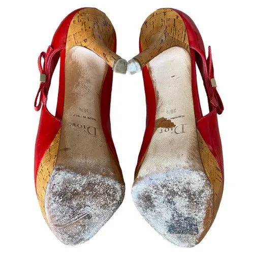 CHRISTIAN DIOR Red Patent Leather Bow Starlet Peep Toe Cork Heel Pumps Size 36.5