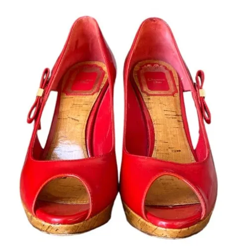 CHRISTIAN DIOR Red Patent Leather Bow Starlet Peep Toe Cork Heel Pumps Size 36.5
