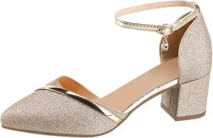Chunky Heels Womens Pointed Toe Sandals Ankle Strap Closed Toe Pumps Dress Wedding Business Dressy Shoes Elegant