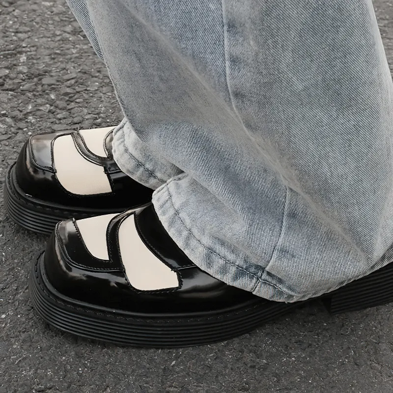 Classical Black And White Square Toe Derby / Lace-Up Retro Shoes for Men