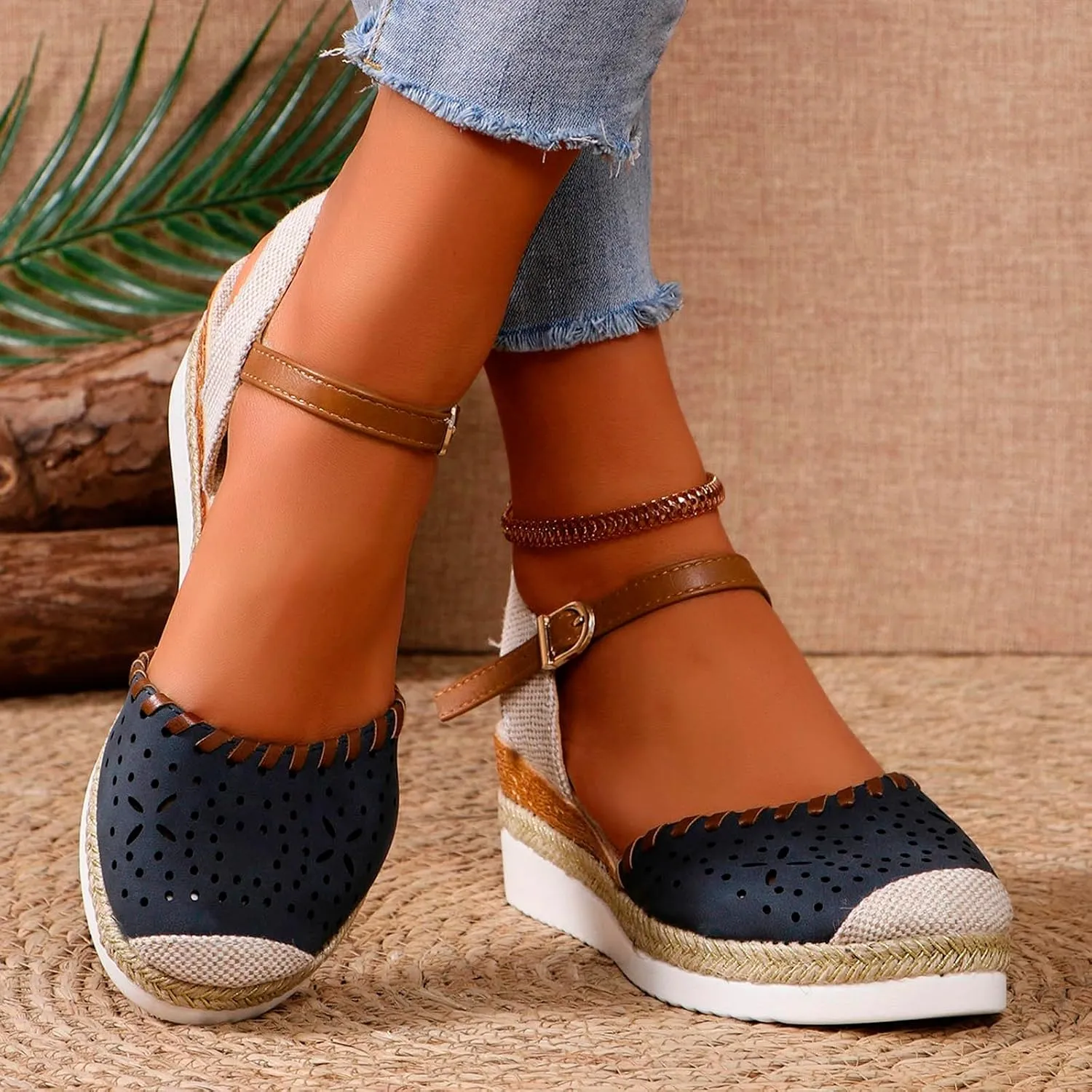 Closed Toe Platform Wedge Sandals Espadrilles Wedges for Women Wide Width Summer Dressy Comfortable Anti Slip Buckle Ankle Strap Casual Shoes