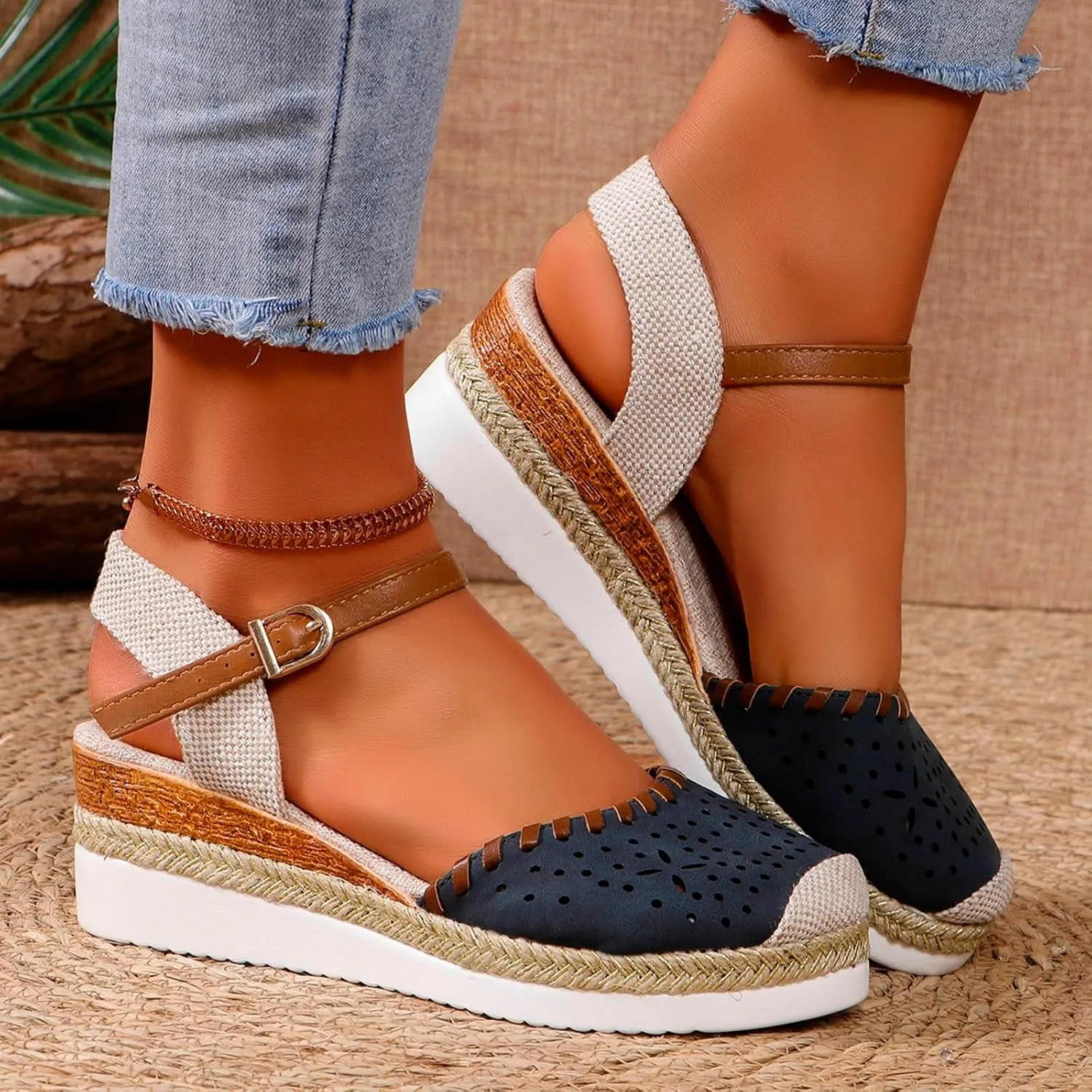 Closed Toe Platform Wedge Sandals Espadrilles Wedges for Women Wide Width Summer Dressy Comfortable Anti Slip Buckle Ankle Strap Casual Shoes