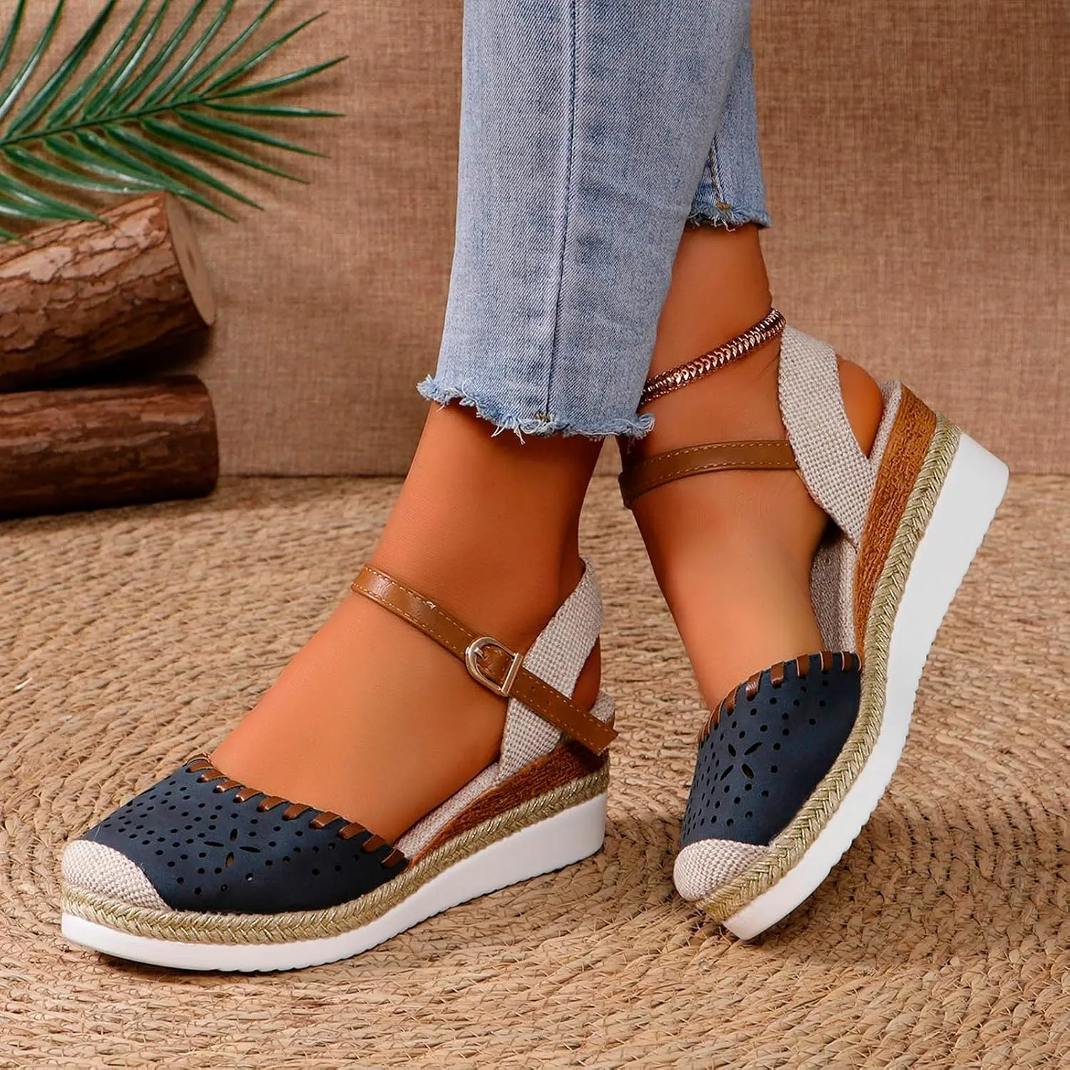 Closed Toe Platform Wedge Sandals Espadrilles Wedges for Women Wide Width Summer Dressy Comfortable Anti Slip Buckle Ankle Strap Casual Shoes