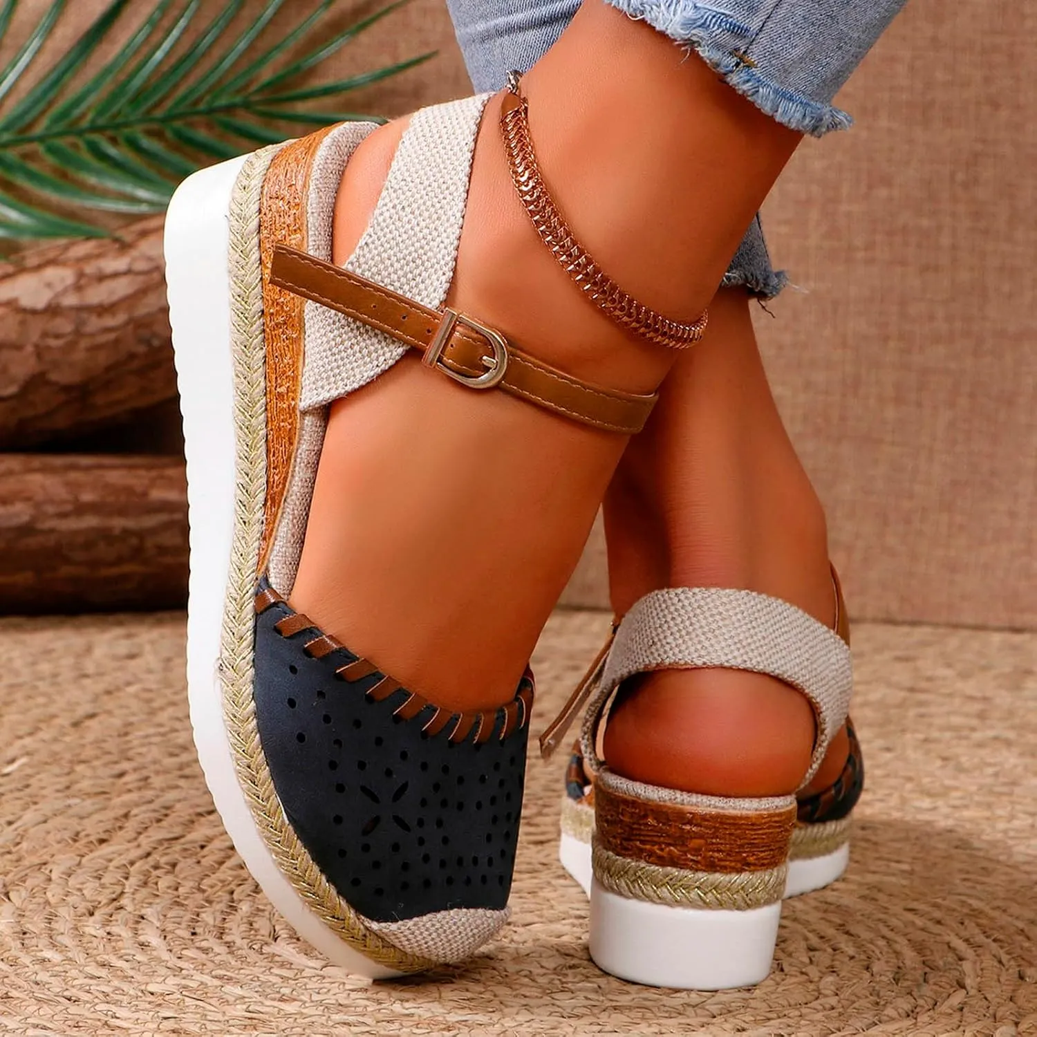 Closed Toe Platform Wedge Sandals Espadrilles Wedges for Women Wide Width Summer Dressy Comfortable Anti Slip Buckle Ankle Strap Casual Shoes