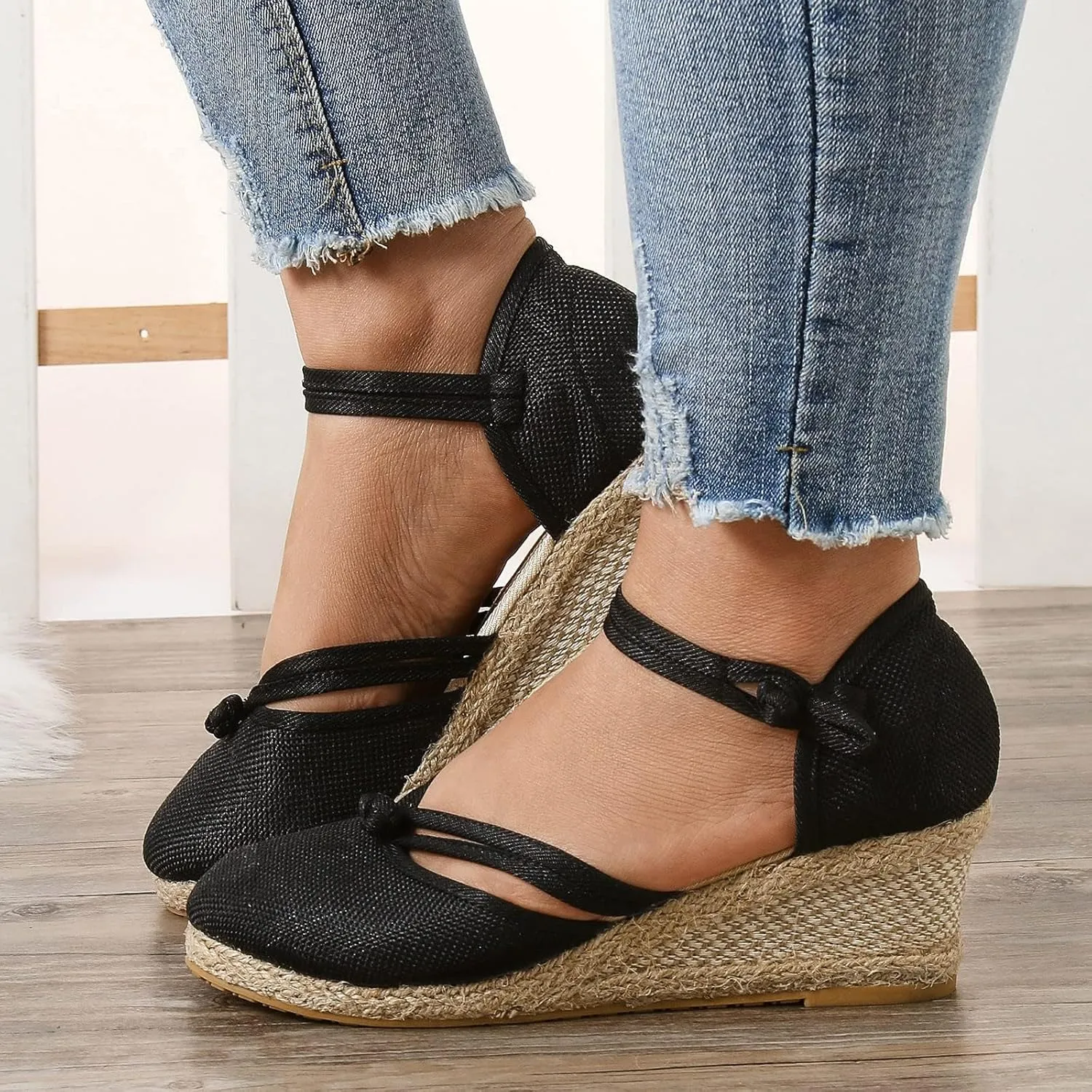 Closed Toe Sandals Women 2025 Women's Espadrilles Low Wedge Heel Sandals Ankle Strap Espadrille Wedges Heels Dressy Casual Summer Comfortable Platform Flat Shoes