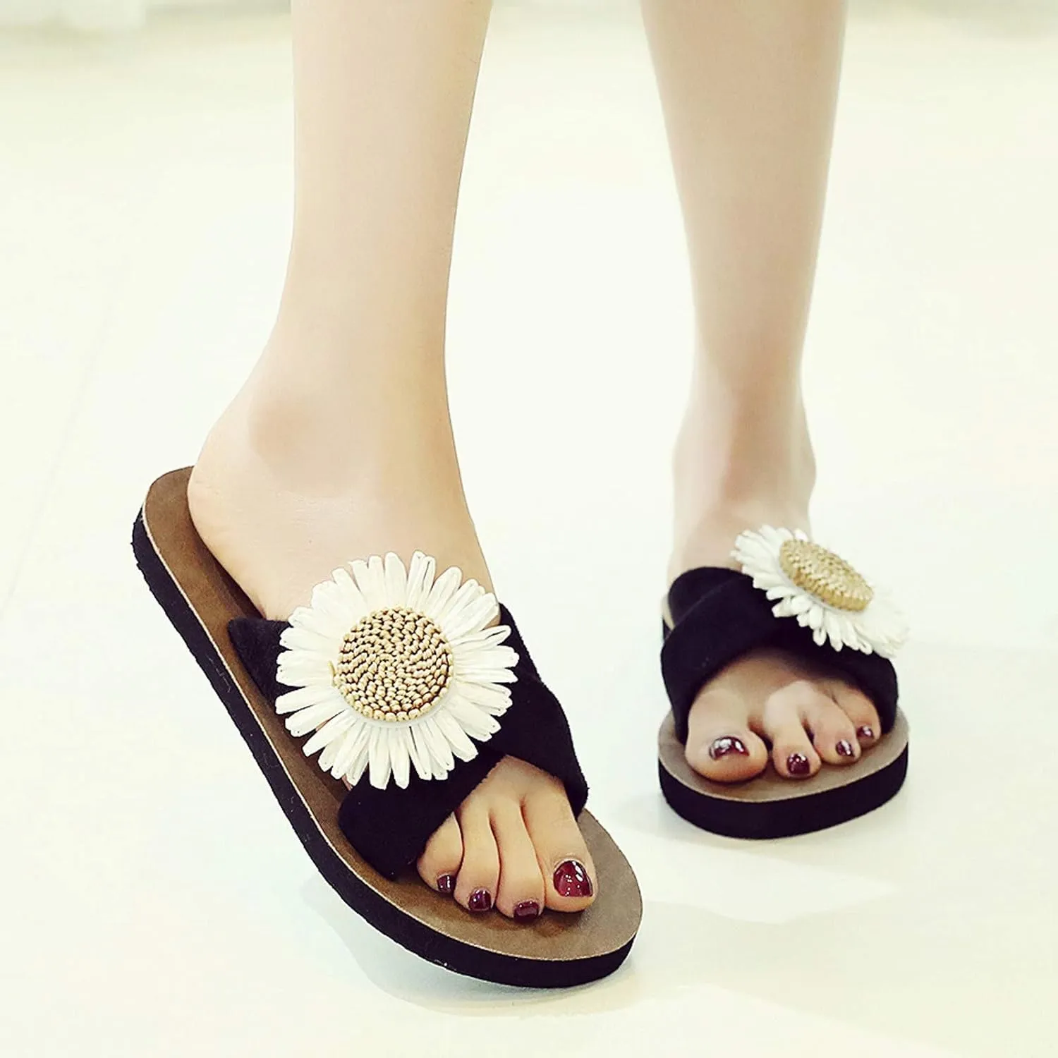 Comfortable Fashion Beach Cute Ladies Slides Home Flock Slipper Flat Beach Flowers Women Breathable Sandals Flip-Flops