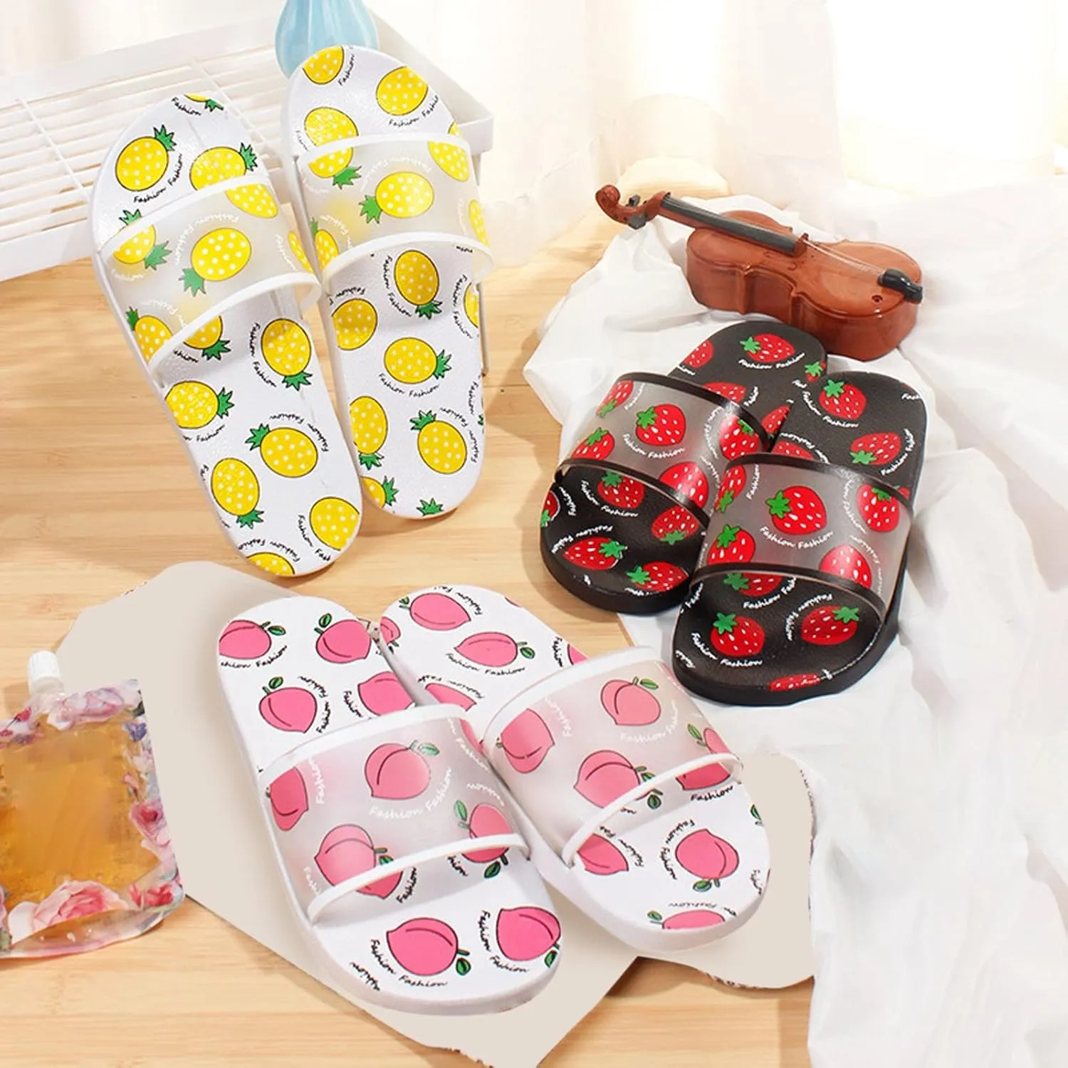 Comfortable Slip On Slide Sandals Summer New Cute Fruit Print Lightweight Soft Flat Ladies Fashion Casual Slippers