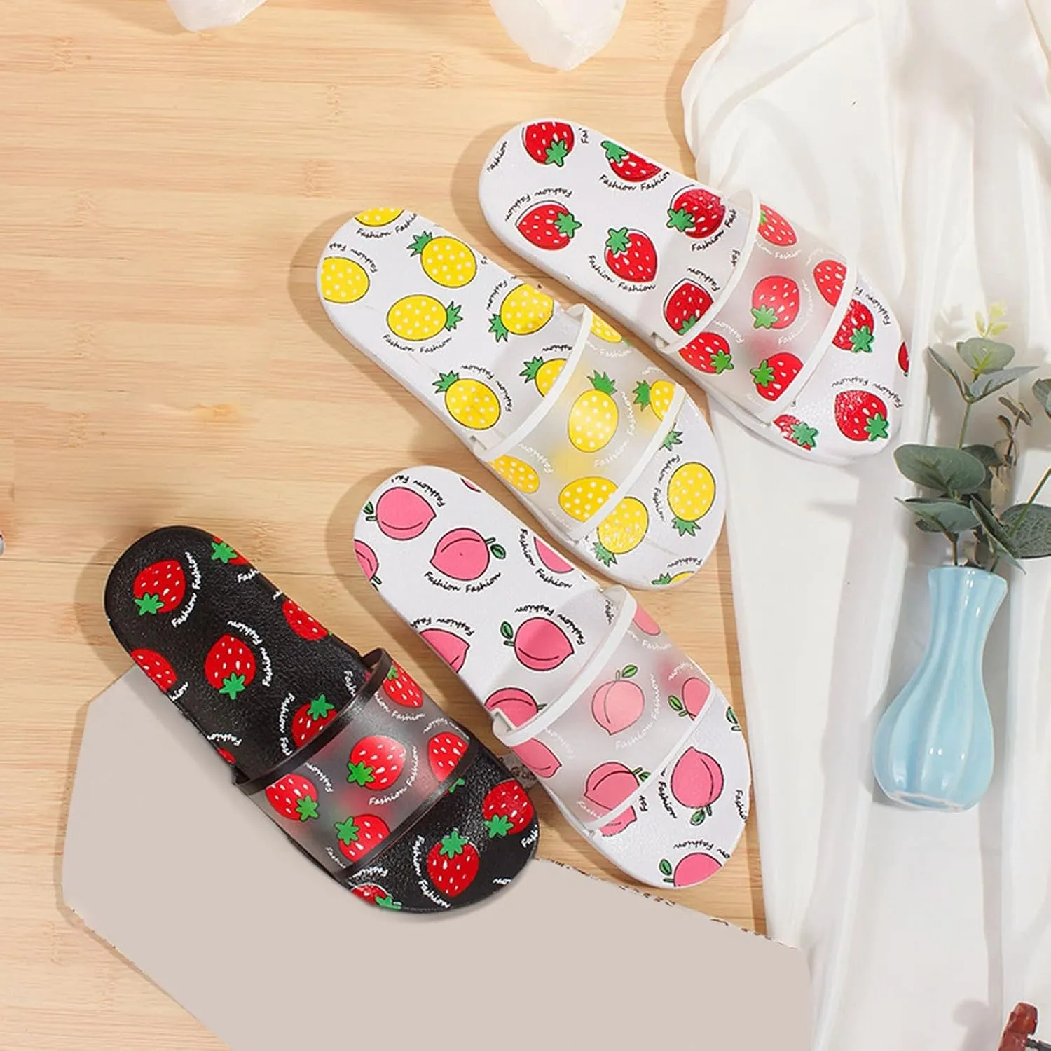 Comfortable Slip On Slide Sandals Summer New Cute Fruit Print Lightweight Soft Flat Ladies Fashion Casual Slippers