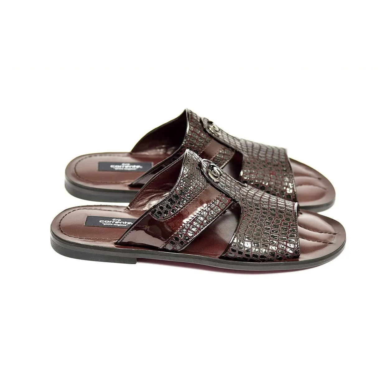 Corrente C0071 5829 Men's Shoes Burgundy Crocodile Print / Patent Leather Sandals (CRT1268)