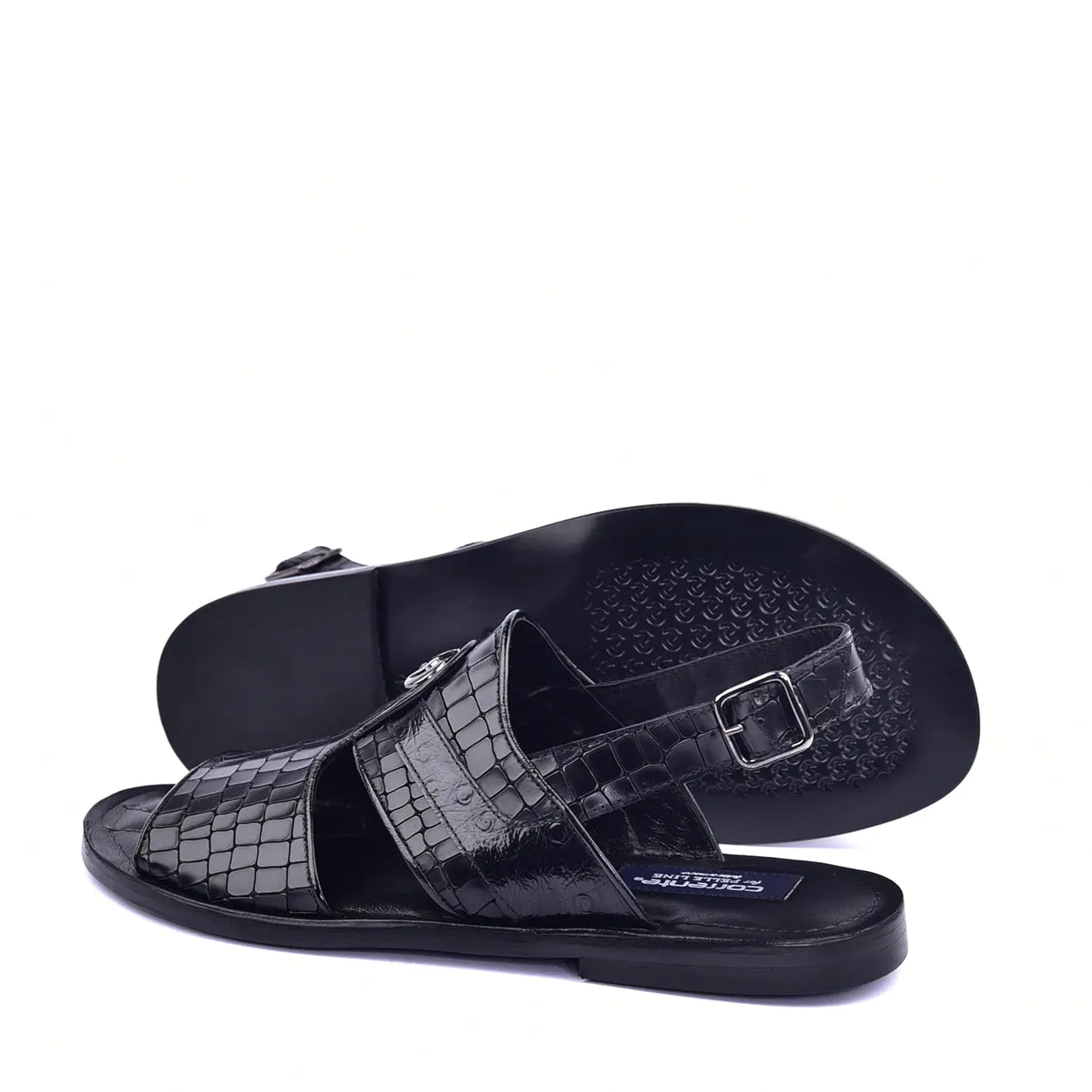 Corrente C0074 5829S Men's Shoes Black Ostrich Leather Sole Sandal (CRT1324)
