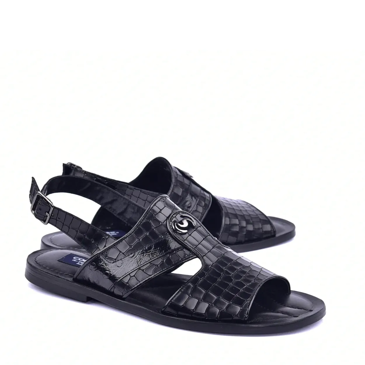 Corrente C0074 5829S Men's Shoes Black Ostrich Leather Sole Sandal (CRT1324)