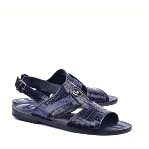 Corrente C0076 5829S Men's Shoes Navy Embossed Leather and Ostrich Sandals (CRT1361)
