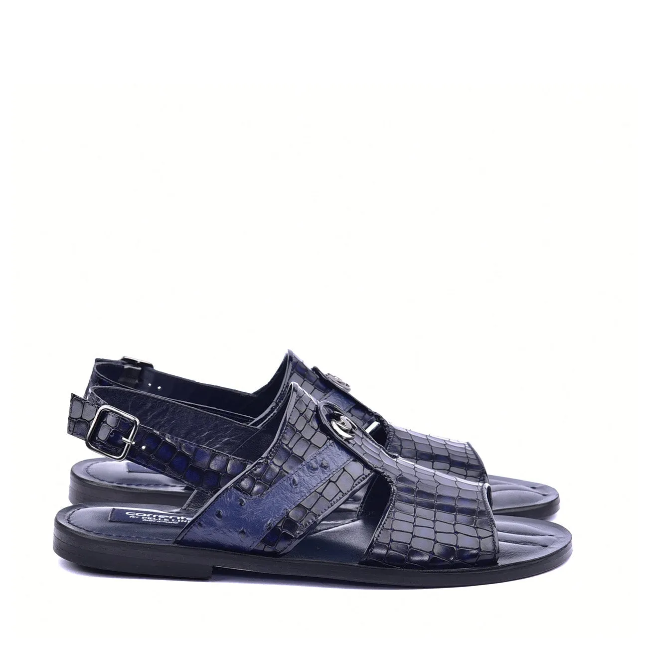 Corrente C0076 5829S Men's Shoes Navy Embossed Leather and Ostrich Sandals (CRT1361)