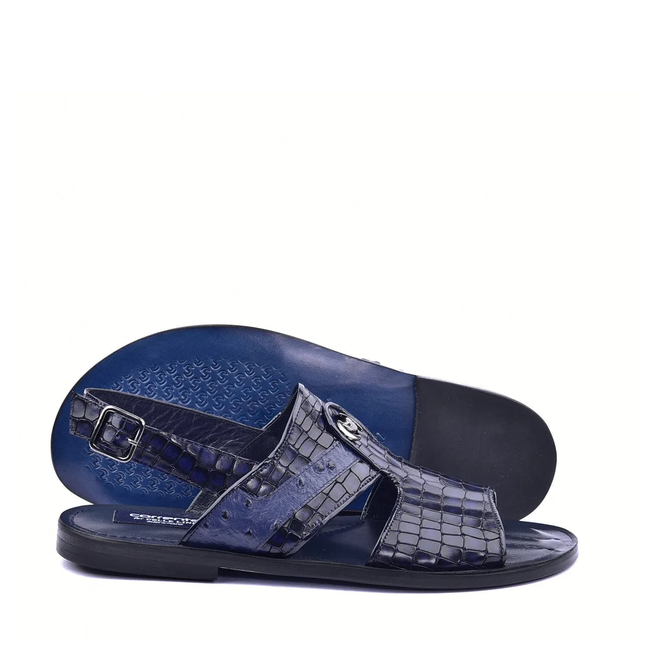Corrente C0076 5829S Men's Shoes Navy Embossed Leather and Ostrich Sandals (CRT1361)