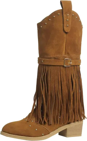 Cowboy Boots for Women Embroidered Fringe Mid Calf Western Fashion Pointed Toe Riding Cowgirl Booties Chunky Heel Side Zipper