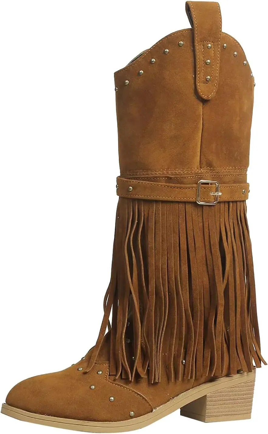 Cowboy Boots for Women Embroidered Fringe Mid Calf Western Fashion Pointed Toe Riding Cowgirl Booties Chunky Heel Side Zipper