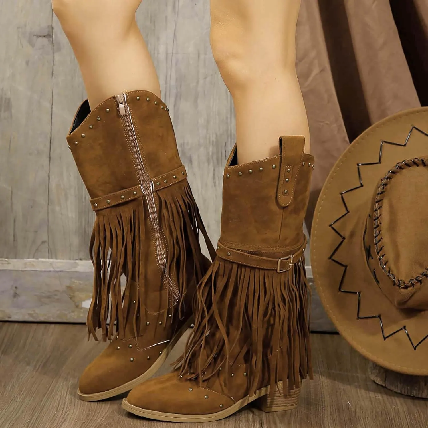 Cowboy Boots for Women Embroidered Fringe Mid Calf Western Fashion Pointed Toe Riding Cowgirl Booties Chunky Heel Side Zipper