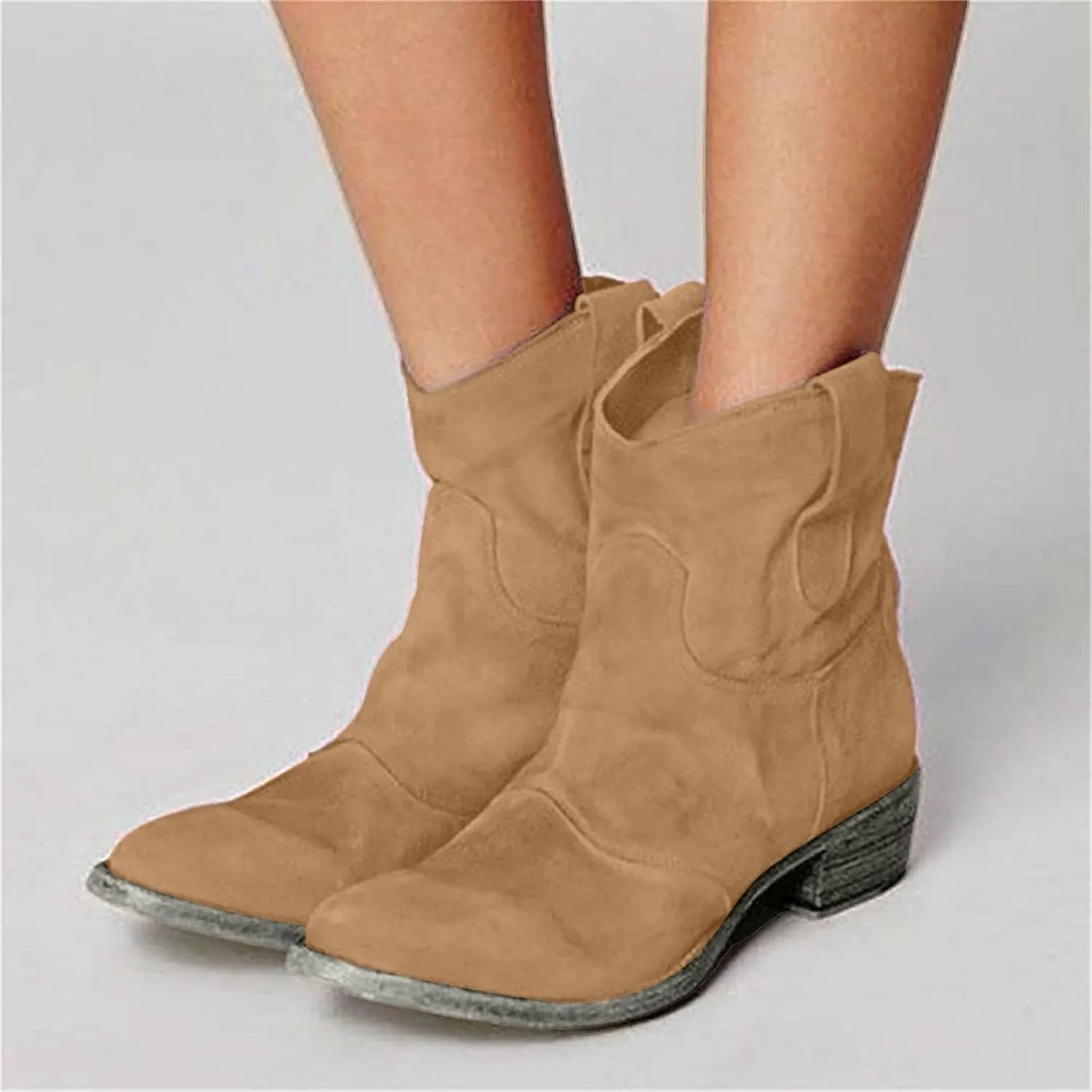 Cowboy Boots for Women Retro Faux Suede Modern Western Embroidered Chunky Heel Pointed Toe Pull-Up Zip-up Fall Ankle Booties