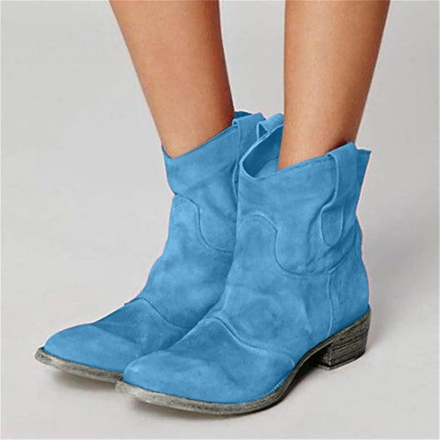 Cowboy Boots for Women Retro Faux Suede Modern Western Embroidered Chunky Heel Pointed Toe Pull-Up Zip-up Fall Ankle Booties