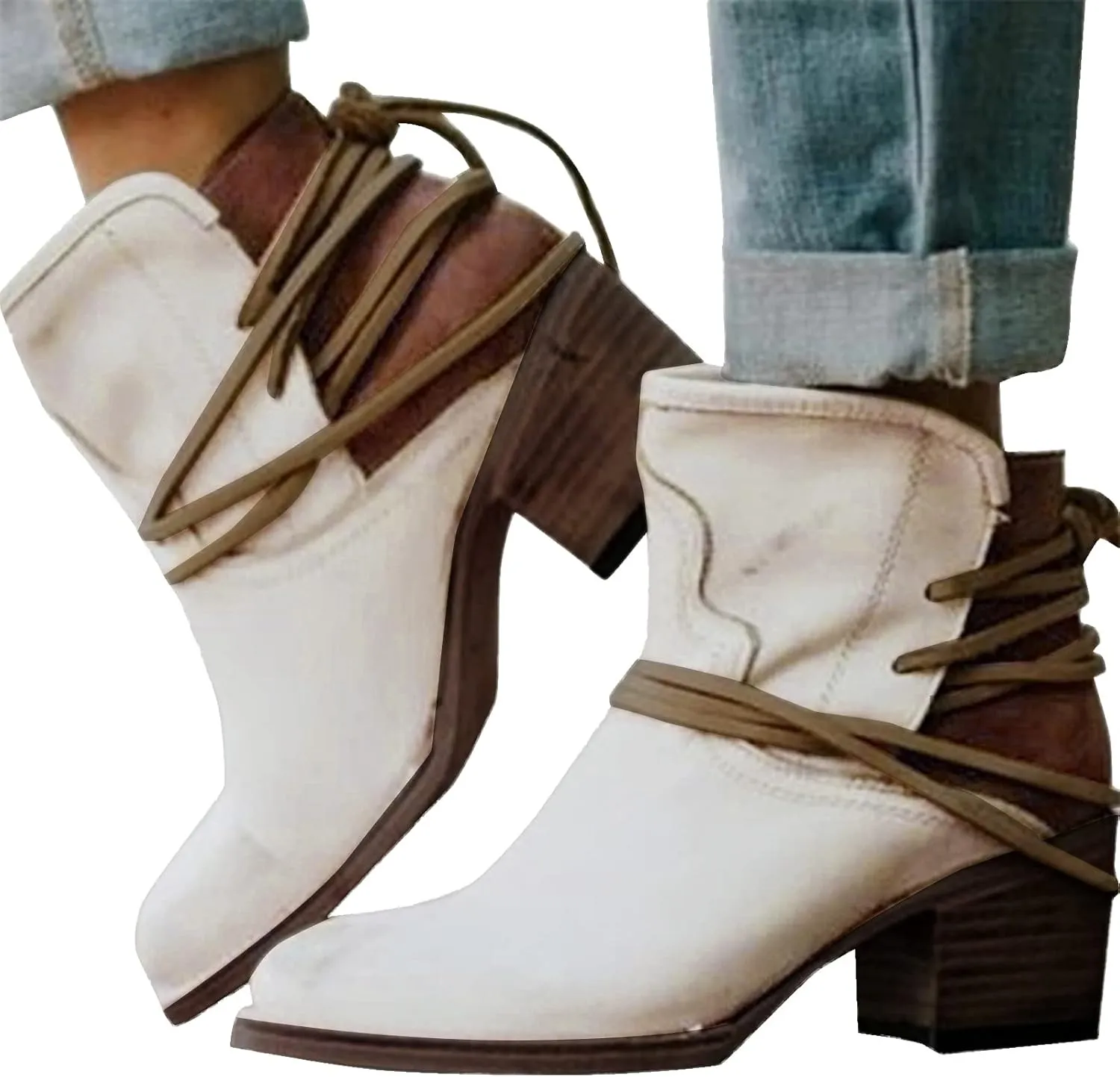 Cowboy Boots for Women Western Cowgirl Ankle Booties Vintage Casual Suede Lace Up Shoes Chunky Heel Fall Dress Short Boots