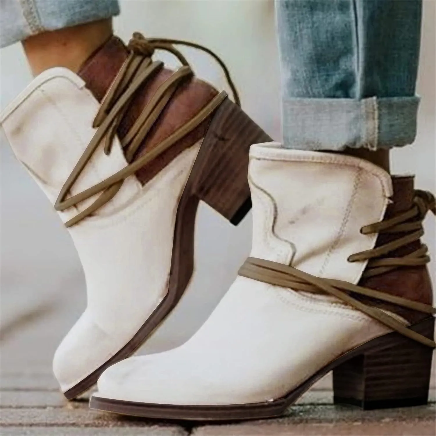 Cowboy Boots for Women Western Cowgirl Ankle Booties Vintage Casual Suede Lace Up Shoes Chunky Heel Fall Dress Short Boots