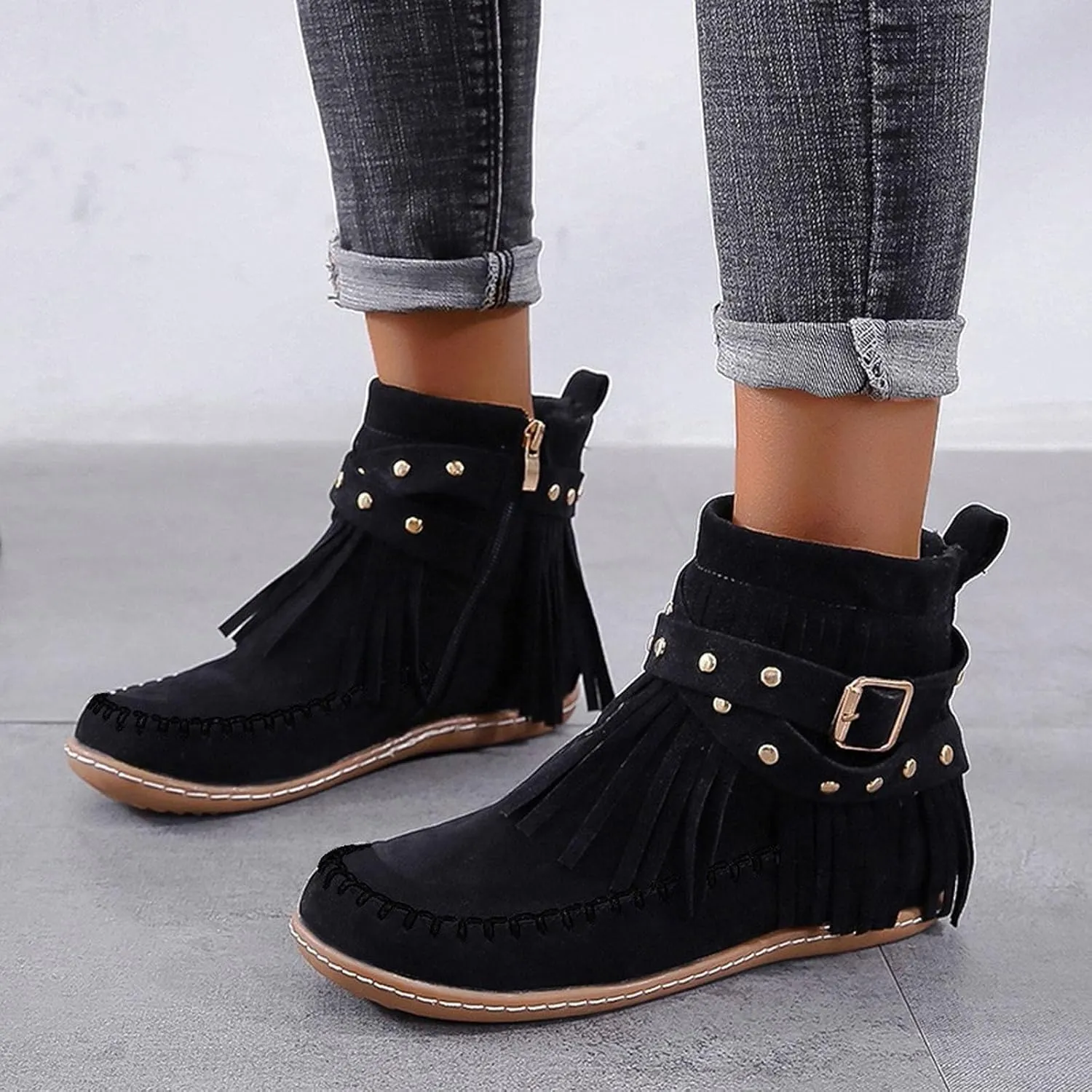 Cowboy Boots for Women Western Fringe Faux Suede Retro Round Toe Buckle Strap Flat Zipper Platform Fashion Ankle Booties
