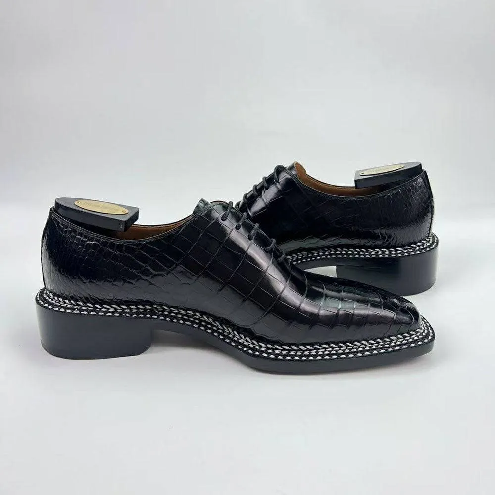 Crocodile Shoes Men's Crocodile Leather Norwegian Sewn Seam 4 Lines Sole  Lace Up Dress Shoes Black