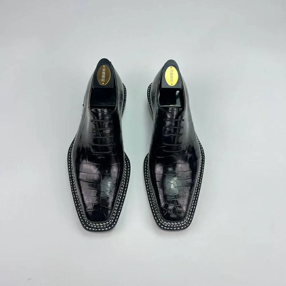 Crocodile Shoes Men's Crocodile Leather Norwegian Sewn Seam 4 Lines Sole  Lace Up Dress Shoes Black
