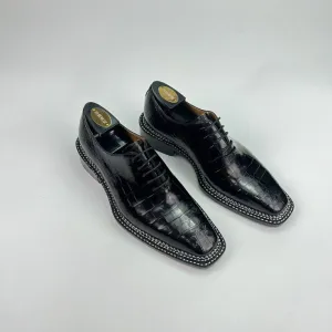 Crocodile Shoes Men's Crocodile Leather Norwegian Sewn Seam 4 Lines Sole  Lace Up Dress Shoes Black