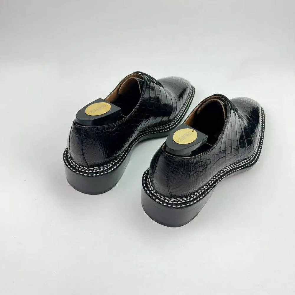 Crocodile Shoes Men's Crocodile Leather Norwegian Sewn Seam 4 Lines Sole  Lace Up Dress Shoes Black