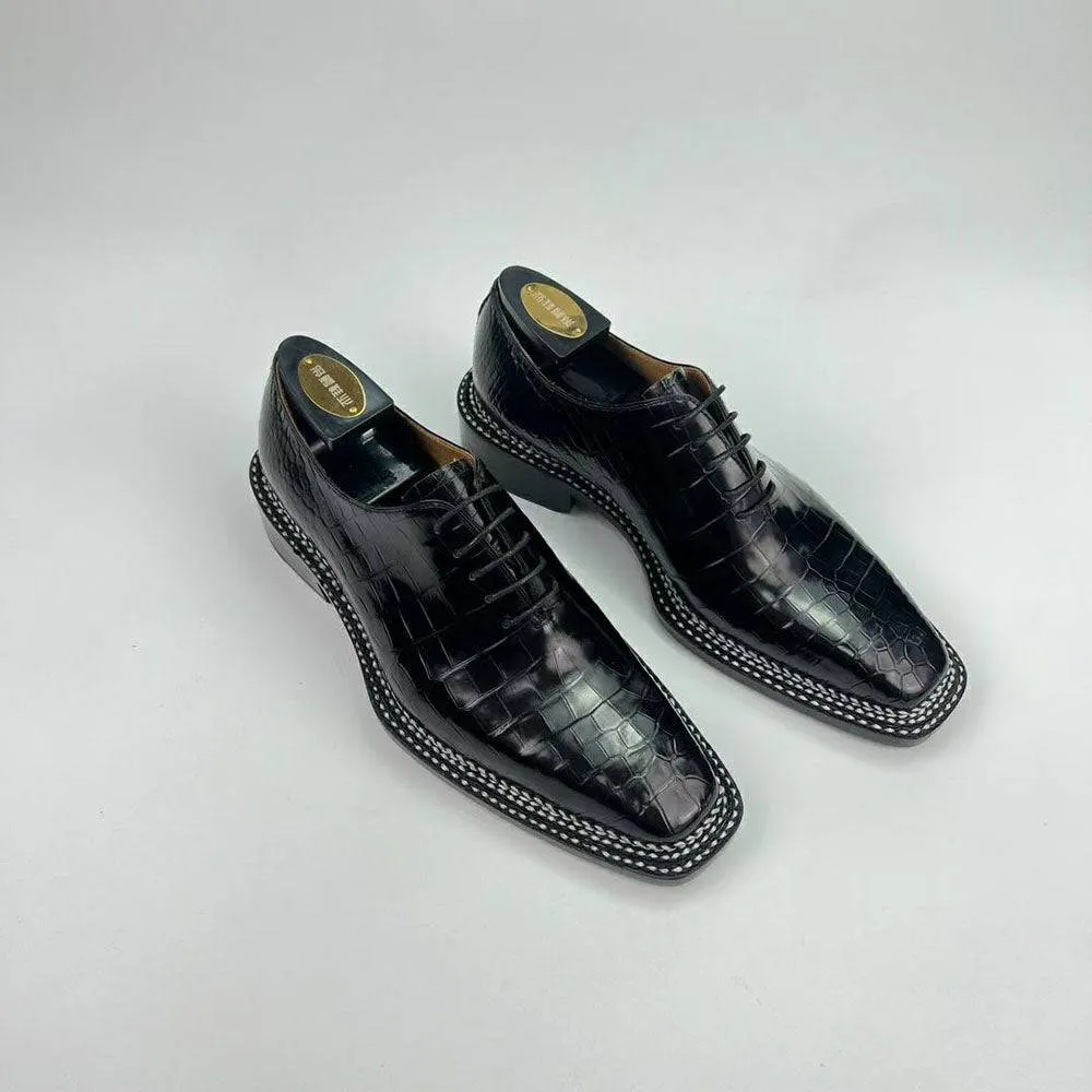 Crocodile Shoes Men's Crocodile Leather Norwegian Sewn Seam 4 Lines Sole  Lace Up Dress Shoes Black