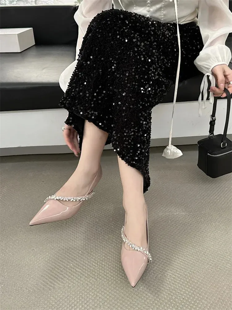 Crystal Rhinestone Thin Heels Pointed Toe Mule Shoes