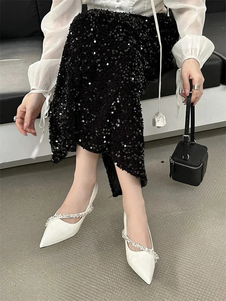 Crystal Rhinestone Thin Heels Pointed Toe Mule Shoes