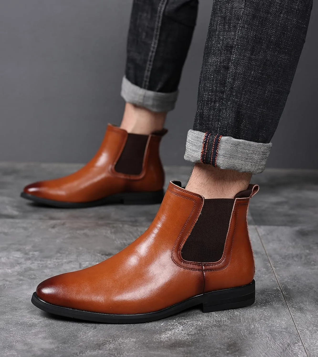 DADAWEN Men's Chelsea Boots Leather Casual Chukka Ankle Boots Classic Elastic Dress Boots for Men