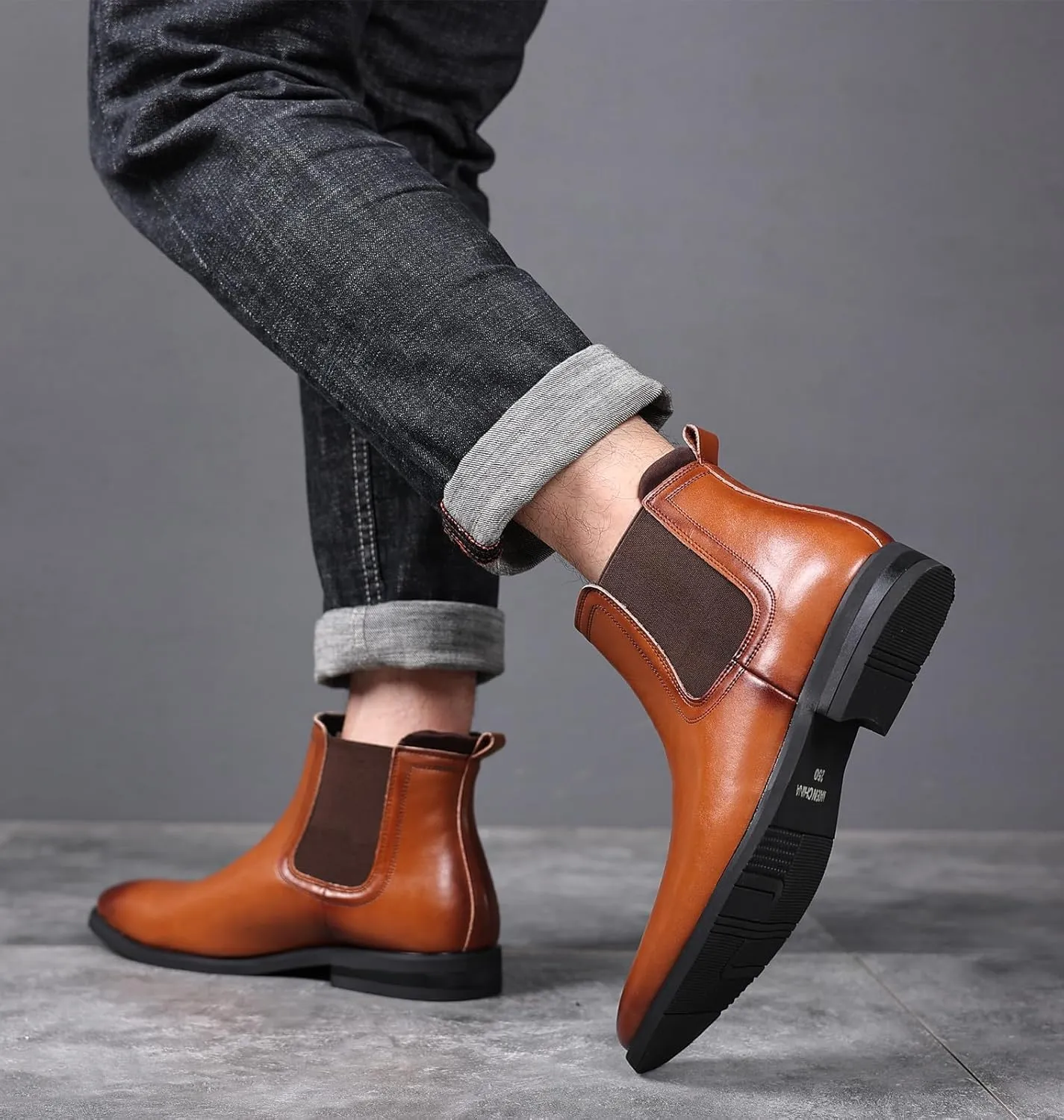 DADAWEN Men's Chelsea Boots Leather Casual Chukka Ankle Boots Classic Elastic Dress Boots for Men