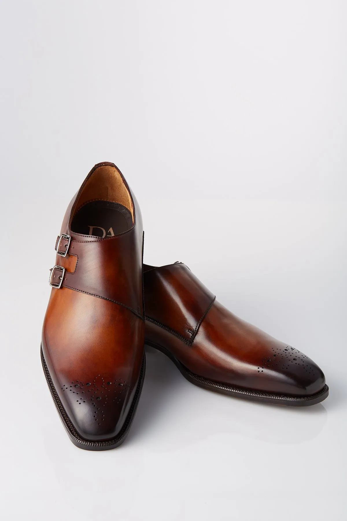 David August Leather Double Monk-strap Shoes in Whiskey Brown