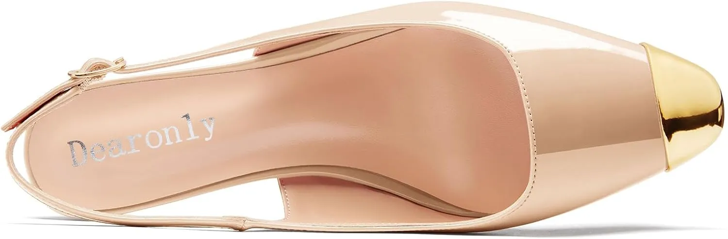 DearOnly Womens Mid Heel Close Round Cap Toe Slingback Pumps Cute Buckle Casual Patent Leather Shoes 2.0 Inches Heels