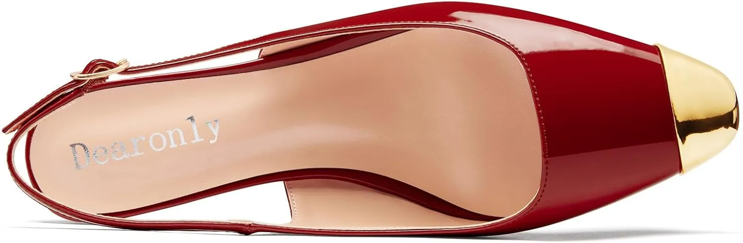 DearOnly Womens Mid Heel Close Round Cap Toe Slingback Pumps Cute Buckle Casual Patent Leather Shoes 2.0 Inches Heels