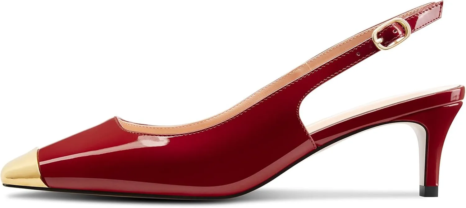DearOnly Womens Mid Heel Close Round Cap Toe Slingback Pumps Cute Buckle Casual Patent Leather Shoes 2.0 Inches Heels