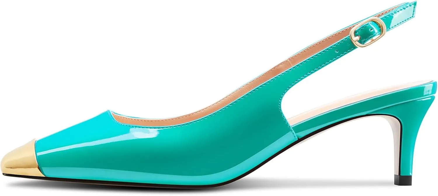 DearOnly Womens Mid Heel Close Round Cap Toe Slingback Pumps Cute Buckle Casual Patent Leather Shoes 2.0 Inches Heels
