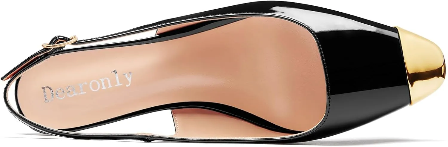 DearOnly Womens Mid Heel Close Round Cap Toe Slingback Pumps Cute Buckle Casual Patent Leather Shoes 2.0 Inches Heels